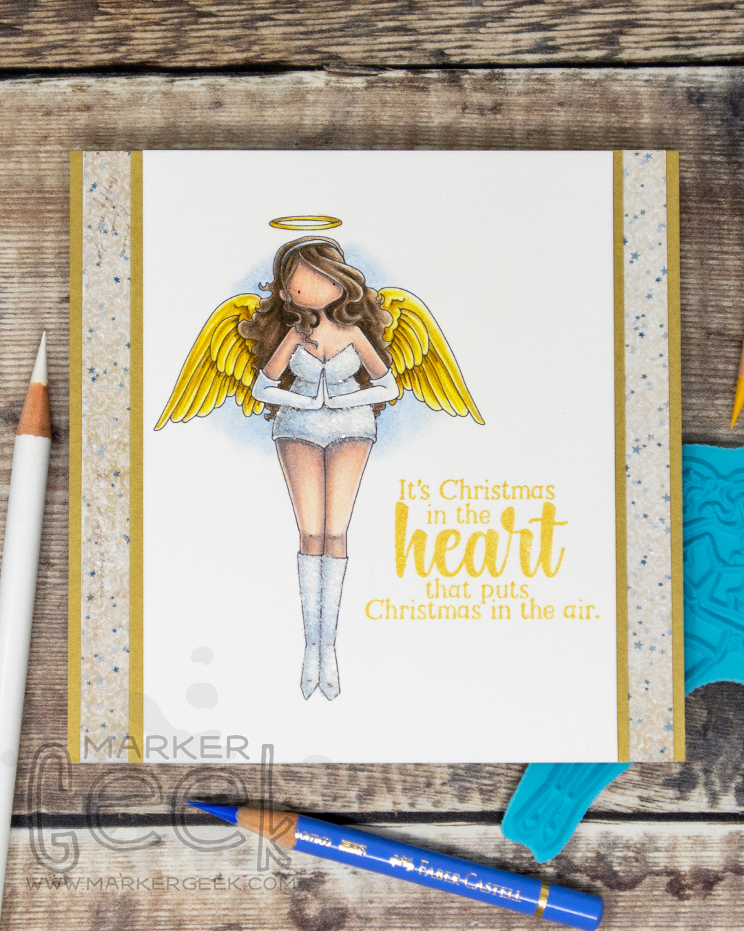 Coloured pencil coloured card inspiration & video featuring the Stamping Bella Curvy Girl Angel rubber stamp set & Polychromos pencils.