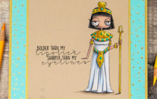 Coloured pencil coloured card inspiration & video featuring the Stamping Bella Oddball Cleopatra rubber stamps set & Polychromos pencils.