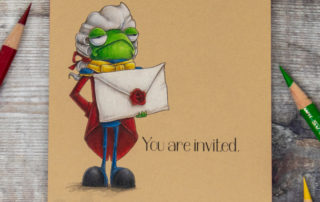 Coloured pencil coloured card inspiration & video featuring the Stamping Bella Oddball Frog Footman rubber stamp set & Polychromos pencils.