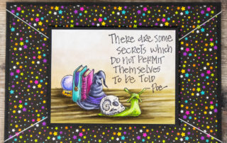 Copic marker coloured scene card inspiration & colouring video featuring Stampotique Originals Death of Snail Mail and Witches Hat & Decor rubber stamps.