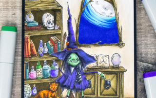 Copic marker coloured scene card inspiration & colouring video featuring Stampotique Originals Hocus Pocus and Witches Lair rubber stamps.