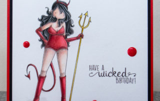 Coloured pencil coloured card inspiration & video featuring the Stamping Bella Curvy Girl Devil rubber stamp set & Polychromos pencils.