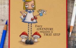 Coloured pencil coloured card inspiration & video featuring the Stamping Bella Oddball Alice in Wonderland rubber stamp set & Polychromos pencils.