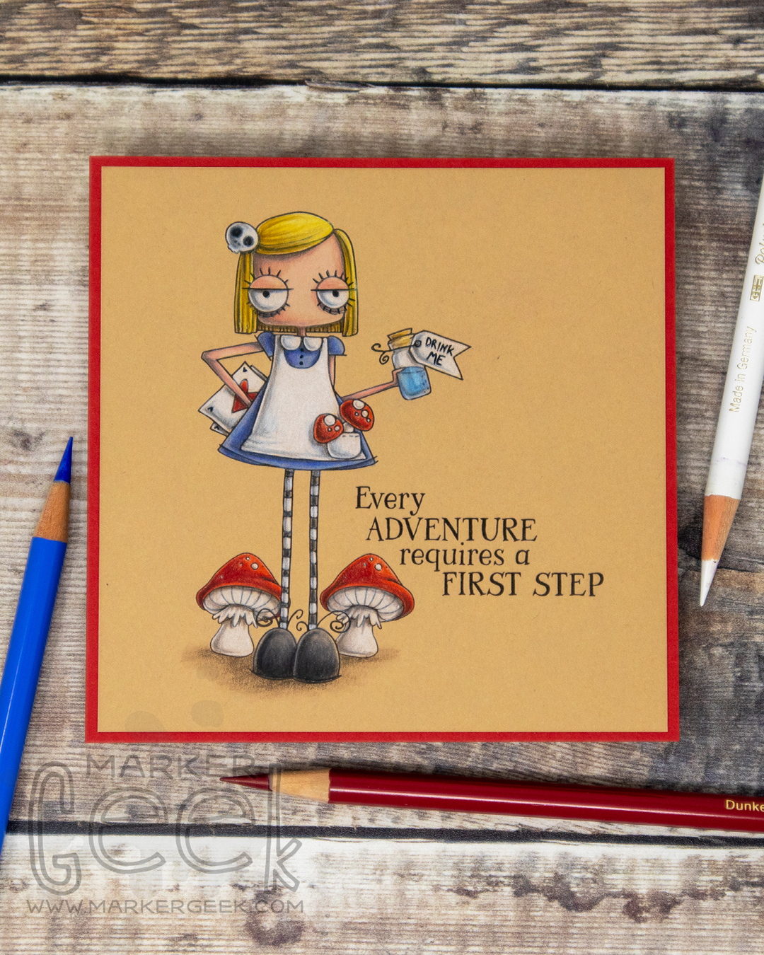Coloured pencil coloured card inspiration & video featuring the Stamping Bella Oddball Alice in Wonderland rubber stamp set & Polychromos pencils.