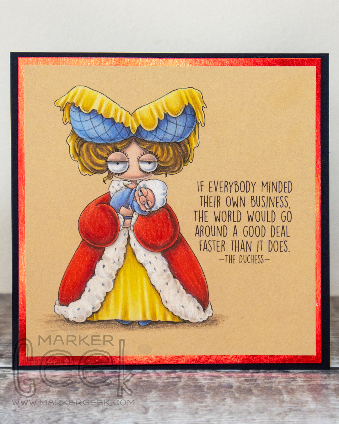 Coloured pencil coloured card inspiration & video featuring the Stamping Bella Oddball Duchess rubber stamp set & Polychromos pencils.