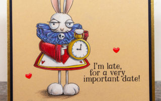 Coloured pencil coloured card inspiration & video featuring the Stamping Bella Oddball White Rabbit rubber stamp set & Polychromos pencils.