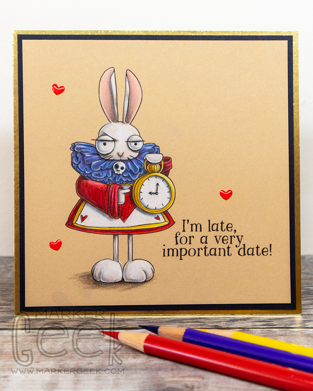 Coloured pencil coloured card inspiration & video featuring the Stamping Bella Oddball White Rabbit rubber stamp set & Polychromos pencils.