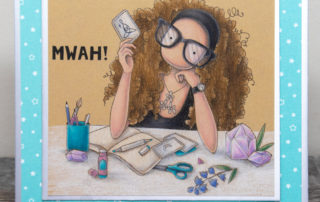 Coloured pencil coloured card inspiration & video featuring the Stamping Bella Uptown Girl Emily and Emily's Sentiment Set rubber stamps & Polychromos pencils.