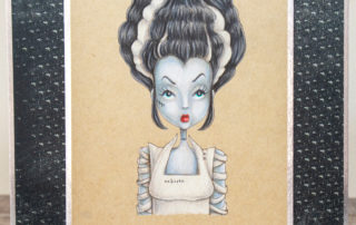 Coloured pencil coloured card inspiration & video featuring the Stamping Bella Mochi Bride of Frankenstein rubber stamp set & Polychromos pencils.