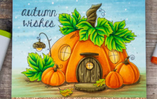 Copic marker coloured card inspiration & video featuring the Stamping Bella Pumpkin House Backdrop and Autumn Sentiments rubber stamp set.