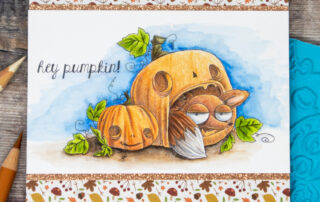 Coloured pencil coloured card inspiration & video featuring the Stamping Bella Foxy in the Pumpkin rubber stamp set & Polychromos pencils.