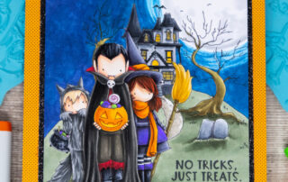 Copic marker coloured card inspiration & video featuring the Stamping Bella Tiny Townie Trick or Treaters and Haunted House Backdrop rubber stamps.