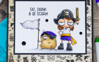 Copic marker coloured card inspiration & video featuring the Stamping Bella Mini Oddball Pirate & Pug and Spooky Sentiments rubber stamp sets.