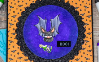 Copic marker coloured card inspiration & video featuring the Stamping Bella Oddball Batty Duo rubber stamp set.