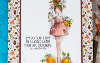 Coloured pencil coloured card inspiration & video featuring the Stamping Bella Pumpkin Spice Curvy Girl rubber stamp set & Polychromos pencils.