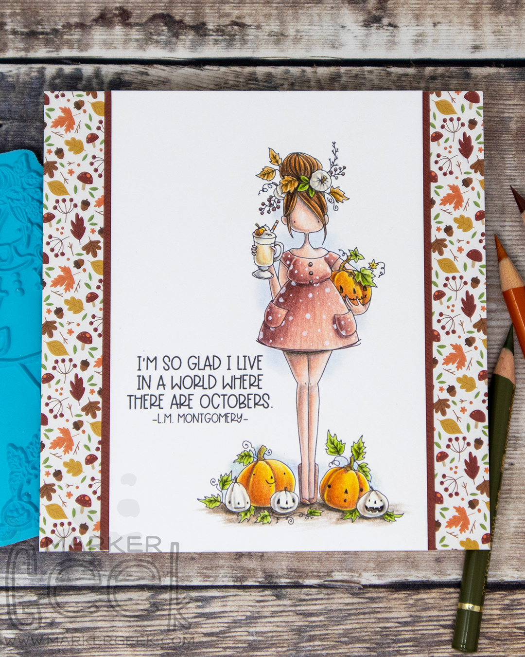 Coloured pencil coloured card inspiration & video featuring the Stamping Bella Pumpkin Spice Curvy Girl rubber stamp set & Polychromos pencils.