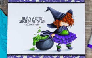 Copic marker coloured card inspiration & video featuring the Stamping Bella Tiny Townie Wanda the Witch & Her Cauldron and Spooky Sentiments rubber stamp set.