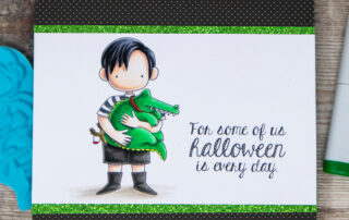 Copic marker coloured card inspiration & video featuring the Stamping Bella Uptown Goth Kids and Spooky Sentiments rubber stamp sets.