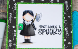 Copic marker coloured card inspiration & video featuring the Stamping Bella Uptown Goth Kids and Spooky Sentiments rubber stamp sets.