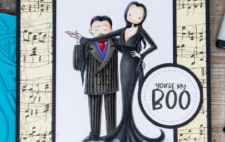 Copic marker coloured card inspiration & video featuring the Stamping Bella Uptown Goth Parents and Frightful & Delightful Sentiments rubber stamp sets.