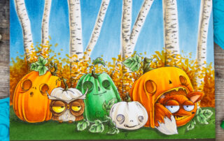 Copic marker coloured scene card inspiration & video featuring the Stamping Bella Foxy in the Pumpkin and Squishy Owl rubber stamps.