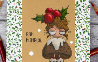 Coloured pencil coloured card inspiration & video featuring the Stamping Bella Mini Oddball Christmas Pudding rubber stamp set & Polychromos pencils.