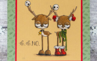 Coloured pencil coloured card inspiration & video featuring the Stamping Bella Oddball Reindeer rubber stamp set & Polychromos pencils.