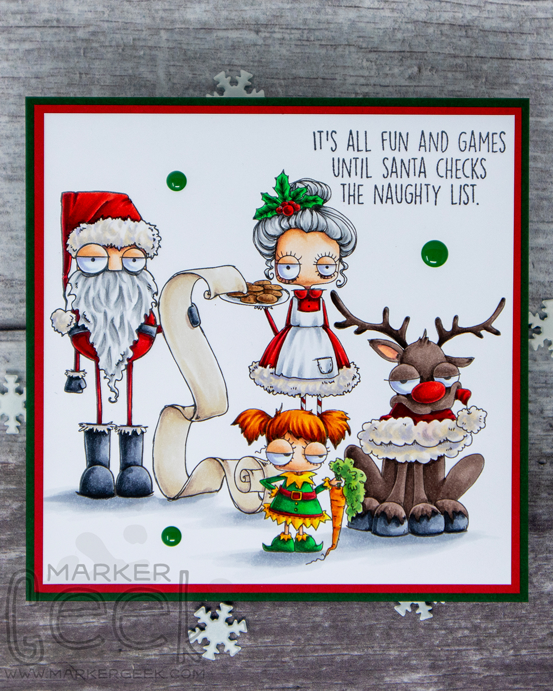 Copic marker coloured card inspiration & video featuring the Stamping Bella Oddball Santa & The Missus and Mini Oddball Switcheroo stamp sets & Holiday Fun Sentiment set.