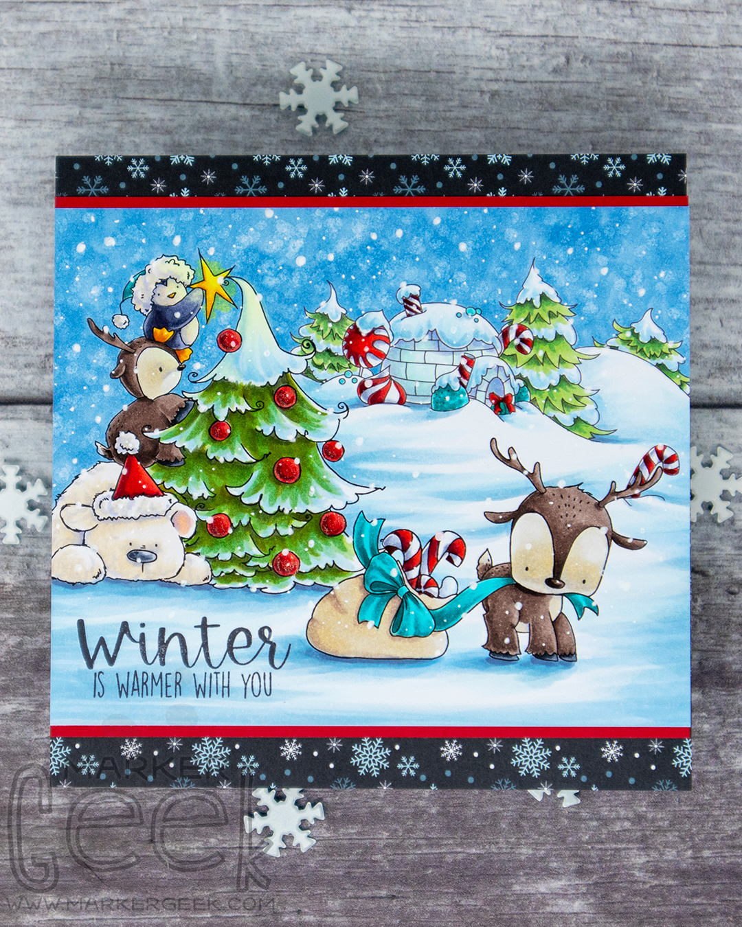 Copic marker coloured scene card inspiration & video featuring the Stamping Bella Reindeer with Gift, The Penguin on a Reindeer on a Polar Bear, and North Pole Backdrop rubber stamps.
