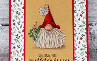 Coloured pencil coloured card inspiration & video featuring the Stamping Bella The Gnome & The Mistletoe rubber stamp set & Polychromos pencils.