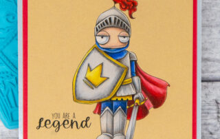 Coloured pencil coloured card inspiration & video featuring the Stamping Bella Oddball Fairytale Knight stamp, Fairytale Sentiment rubber stamp set & Polychromos pencils.