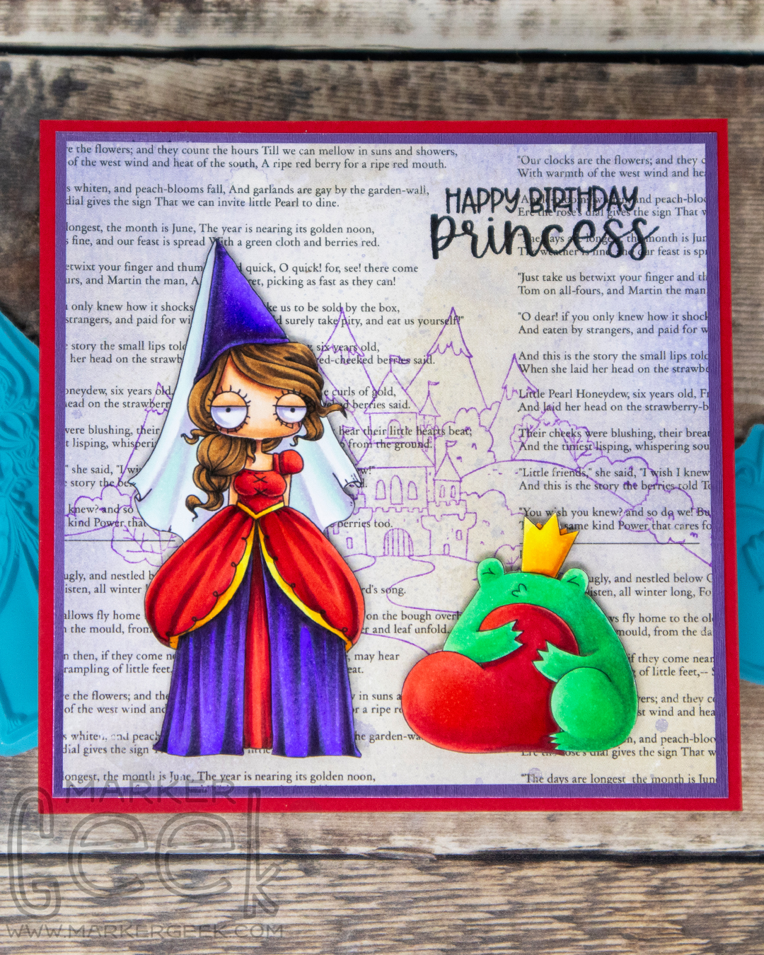 Copic marker coloured card inspiration & video featuring the Stamping Bella Frog Trio Set rubber stamp along with Oddball Fairytale Princess and Fairytale Backdrop stamps.