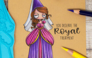 Coloured pencil coloured card inspiration & video featuring the Stamping Bella Oddball Fairytale Princess stamp, Princess Sentiment rubber stamp set & Caran d'Ache Pablo pencils.