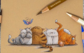 Coloured pencil coloured card inspiration & video featuring the Stamping Bella Squishy Cats rubber stamp set & Faber-Castell Polychromos pencils.