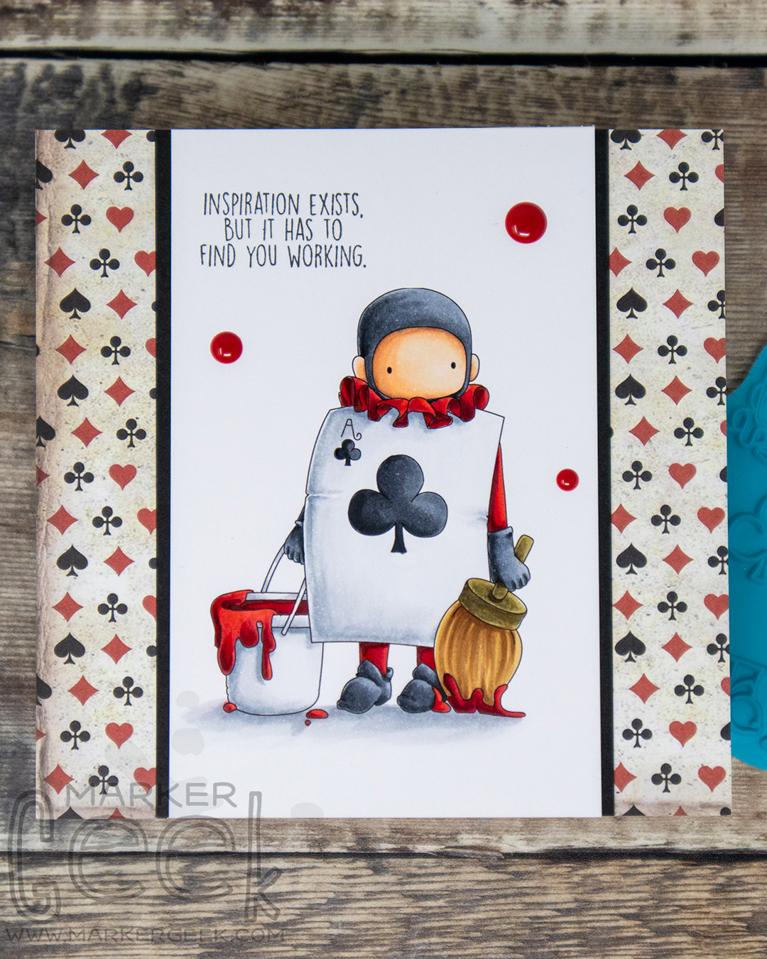 Copic marker coloured card inspiration & video featuring the Stamping Bella Tiny Townie Wonderland Playing Card Painting rubber stamp & Work Life Sentiment set.