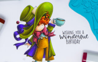 Copic marker coloured card inspiration & video featuring the Stamping Bella Tiny Townie Wonderland Mad Hatter rubber stamp & Oz Sentiment set.