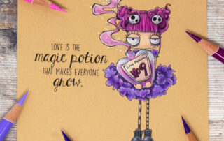 Coloured pencil coloured card inspiration & video featuring the Stamping Bella Love Potion Oddball rubber stamp set & Holbein Artist pencils.