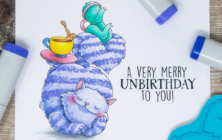 Copic marker coloured card inspiration & video featuring the Stamping Bella Tiny Townie Wonderland Cheshire Cat rubber stamp & Alice in Wonderland Sentiment set.