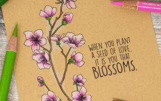 Coloured pencil coloured card inspiration & video featuring the Stamping Bella Cherry Blossom Branch rubber stamp set & Holbein Artist pencils.