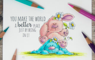 Coloured pencil coloured card inspiration & video featuring the Stamping Bella Bunny Pile Stuffies rubber stamp set & Caran d'Ache Pablo pencils.
