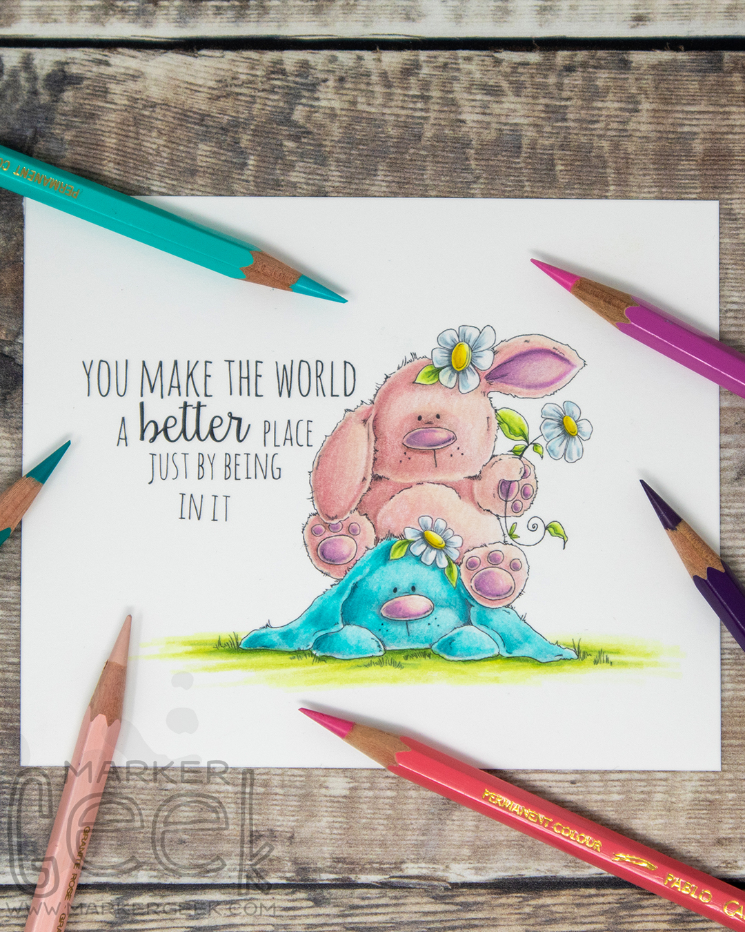 Coloured pencil coloured card inspiration & video featuring the Stamping Bella Bunny Pile Stuffies rubber stamp set & Caran d'Ache Pablo pencils.