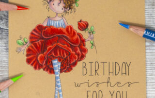 Coloured pencil coloured card inspiration & video featuring the Stamping Bella Tiny Townie Garden Girl Rose rubber stamp set & Prismacolor pencils.