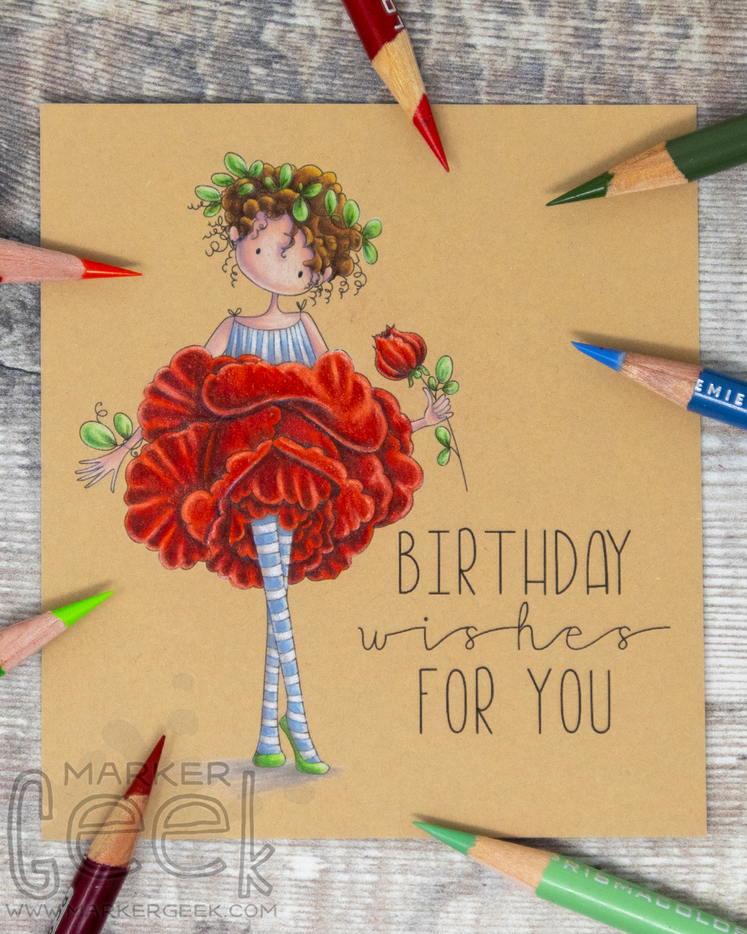 Coloured pencil coloured card inspiration & video featuring the Stamping Bella Tiny Townie Garden Girl Rose rubber stamp set & Prismacolor pencils.