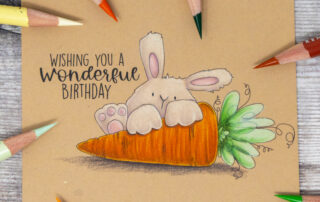Coloured pencil coloured card inspiration & video featuring the Stamping Bella Somebunny Loves You Bunny Wobble rubber stamp set & Prismacolor pencils.