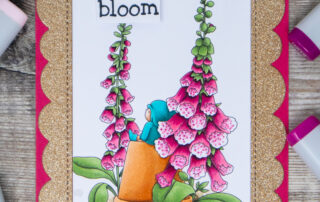 Copic marker coloured card inspiration & video featuring the Stamping Bella Bundle Girl Among Foxgloves rubber stamp & Hello Spring Sentiment set.