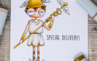 Copic marker coloured card inspiration & video featuring the Stamping Bella Oddball Hermes rubber stamp & Special Delivery set.