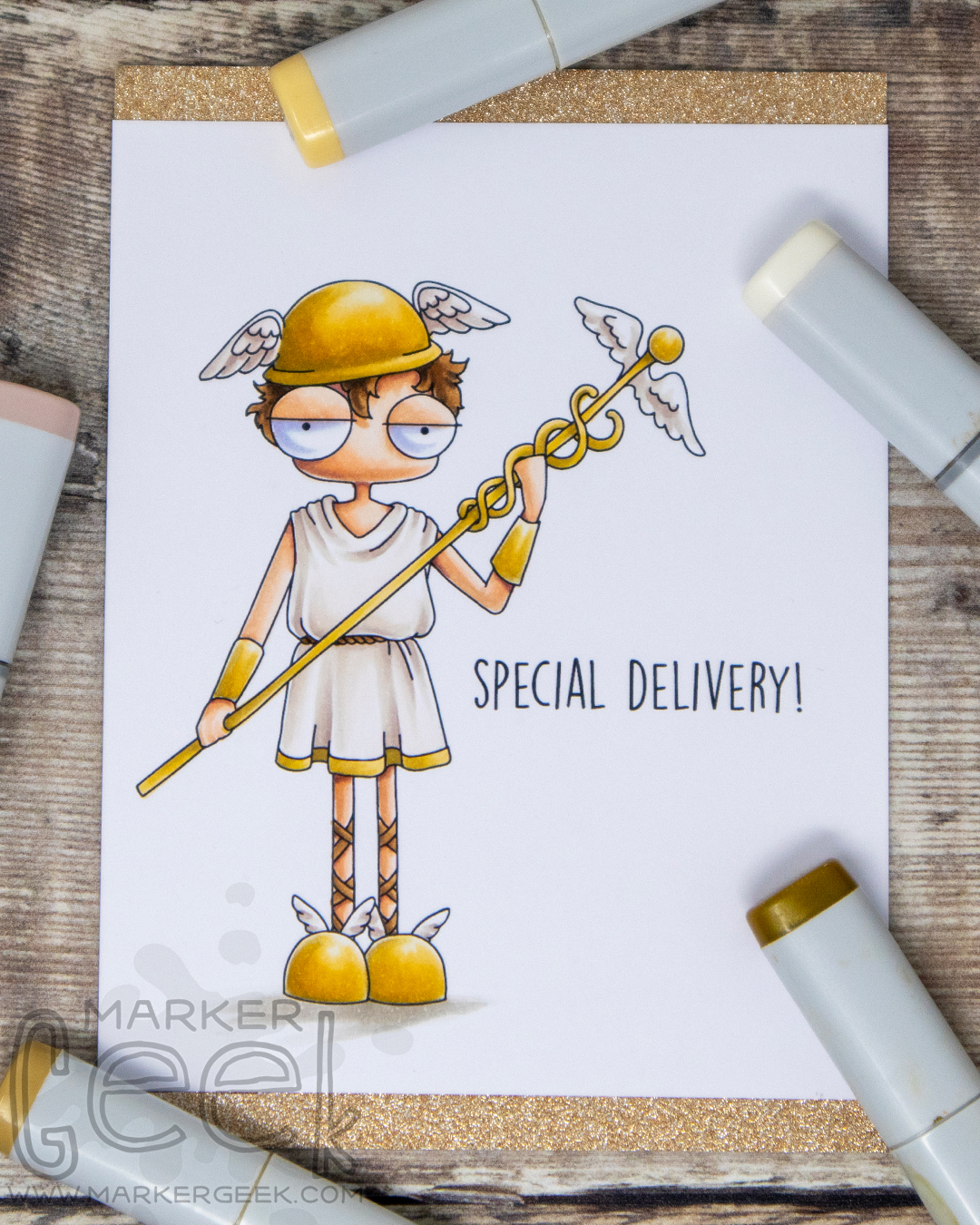 Copic marker coloured card inspiration & video featuring the Stamping Bella Oddball Hermes rubber stamp & Special Delivery set.