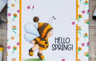 Copic marker coloured card inspiration & video featuring the Stamping Bella Bundle Girl is a Bee rubber stamp & Hello Spring Sentiment set.