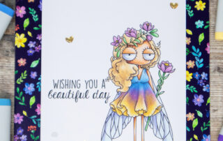 Copic marker coloured card inspiration & video featuring the Stamping Bella Oddball Spring Fairy rubber stamp & Hello Spring Sentiment set.