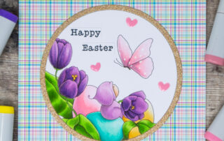 Copic marker coloured card inspiration & video featuring the Stamping Bella Bundle Girl Among Tulips rubber stamp & Easter Sentiment set.